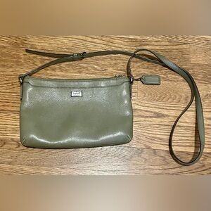 Coach olive green cross body bag. Leather with silver hardware. EUC